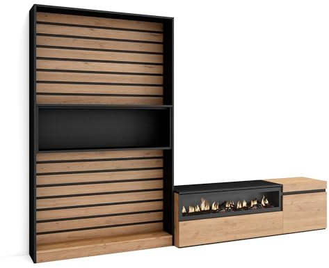 Skraut Home | Wohnwand Wohnzimmer | Wohnzimmermöbel, Möbelset | 260x186x35cm | Für TV-Geräte bis zu 65 | Elektrokamin. | Moderner Stil | Eiche Schwarz