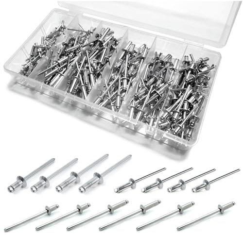 250pcs Stück Alu Blindnieten Sortiment Popnieten Set,Pop Nieten Stahlniete, 6 häufig verwendeten Größen Silber Aluminium Blindnieten (Silver, BOX SET-A)