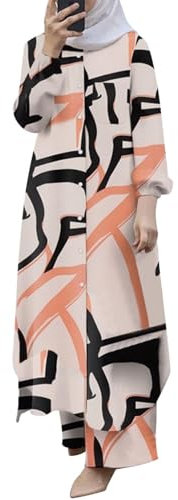 boseucn Muslimisches Kleid Damen, Damen Muslime Kleid Gebet Islamische Gebetskleidung Frauen Drucken Muslimisches Button Kleider Langarm islamisches Abaya Maxikleid Türkische Robe (Z241-Beige, L)