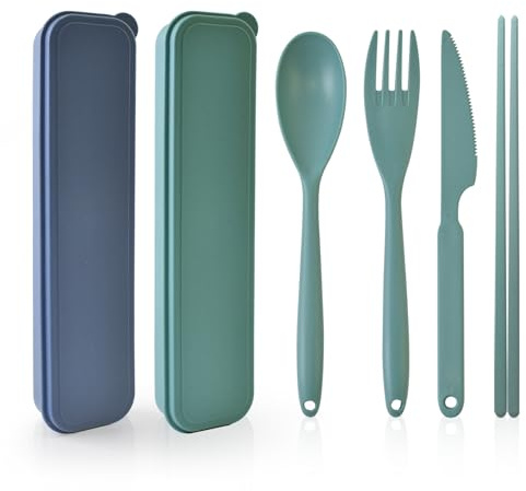 Campingbestick återanvändbart 2-delat resebestickset med fodral, plastbestickset med fodral, sked, kniv, gaffel, ätpinnar, bärbara campingbestick för när du är på språng, utomhus, picknick, resor
