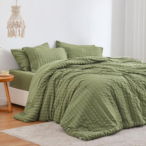 Sedefen Seersucker Bettwäsche 220x240cm Olivgrün Unifarben Wende Bettwäsche Set Weiche Doppelbett Sommer Bettbezug 220x240cm und 2 Kissenbezüge 80x80cm mit Reißverschluss