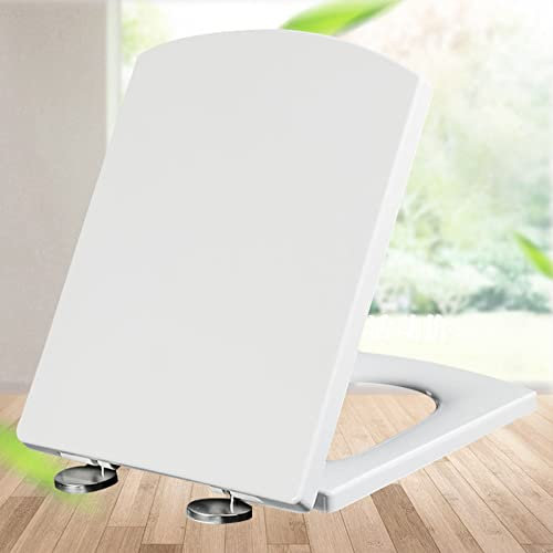 Toilettensitz mit Absenkautomatik WC-Sitz mit Absenkautomatik, quadratischer rechteckiger Toilettensitz, einfache Befestigung oben, stabiler WC-Toilettendeckel, mit verstellbaren Edelstahlscharnieren,