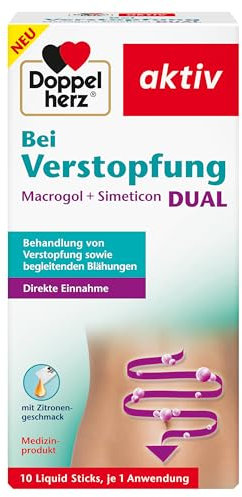 Doppelherz Bei Verstopfung Macrogol + Simeticon DUAL - Zur symptomatischen Behandlung von Verstopfung & begleitenden Blähungen - 10 Liquid Sticks mit Zitronengeschmack