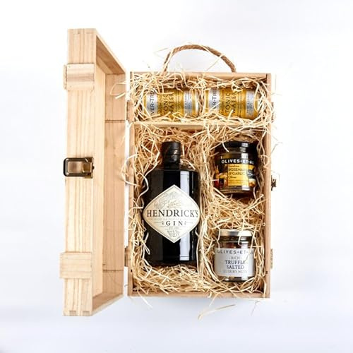 Hendricks 70cl Gin Gift Set Hamper & Luxury Nibbles Wooden Gift Box Set - Gift for Gin Lovers, Congratulations, Thank you Gift, Gift for him and her.