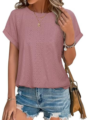 Bodhi talk Tshirt Damen Sommer: Damen Lässige Kurzarm Top - Ausgehöhlte Modisch Rundhals blusenshirt - Sommer Einfarbig Oberteile Locker Einfach Shirt