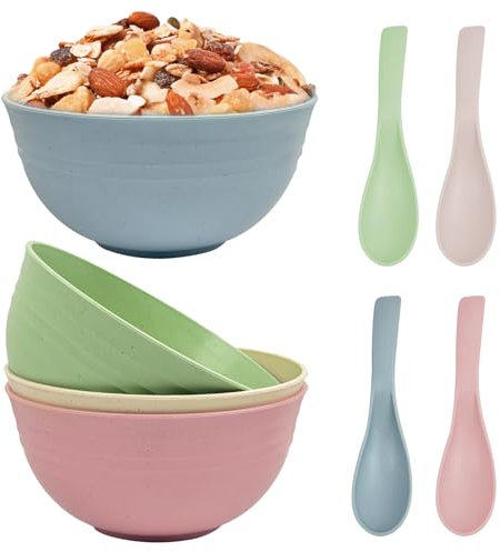 4Pcs Cuencos Irrompibles de Cereales aptos de Lavavajillas y Microondas, 700ml Cuenco Ligero de Picnic de Plástico sin BPA, Ensaladera de Aperitivos y Pasta de Acampar con 4 Cucharas para Sopa Fideos