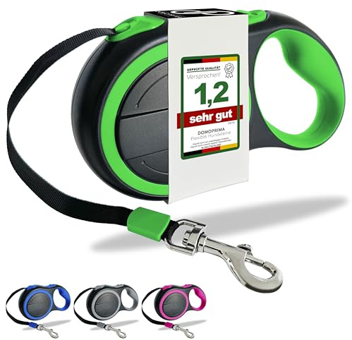 DOMOPRIMA® Rollleine für Hunde in 3 Größen (S,M,L) und 4 Farben (grau, blau, grün, pink) - Robuste und sichere Hundeleine mit Reflektor-Gurt für Ihren Vierbeiner. (Grün, L)