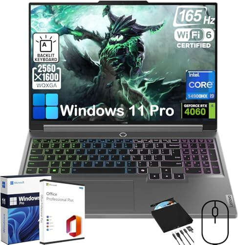 Lenovo Legion 5i Gaming Laptop - w/Office Lifetime & Free CD/DVD Drive, Intel 24-Core i9-14900HX, 16 165Hz Display, GeForce RTX 4060, Backlit KB, Win 11 Pro, w/Accessories (32GB DDR5 RAM | 2TB SSD)