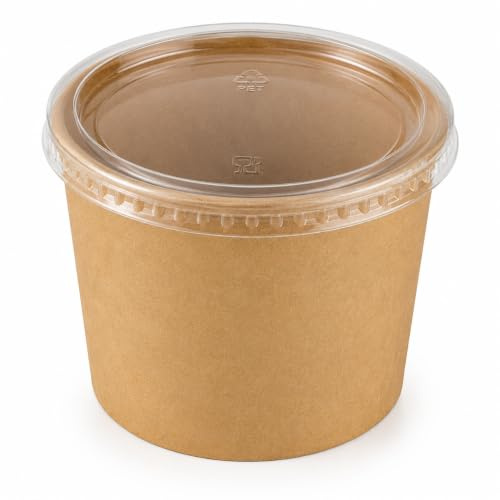 Arredo Chef Bol Alimentaire Kraft 580 ml Ø115 × H80 mm – Lot de 50 Pot à Soupe Jetable en Carton Kraft 320 g/m² – Pour Soupes, Salades, Nouilles et Desserts – Couvercle en PET