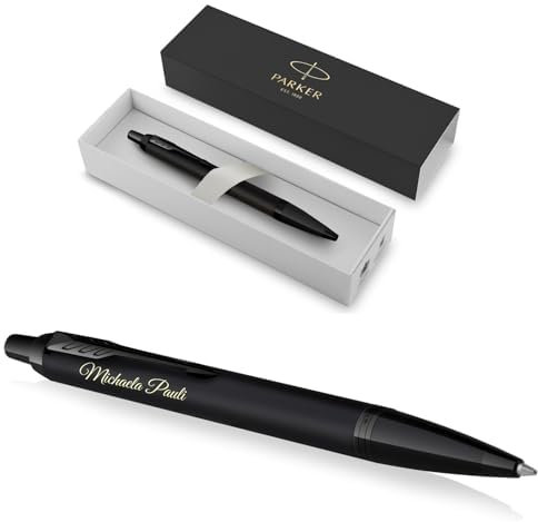 PARKER IM Achromatic Kugelschreiber mit Gravur | Premium Stift | Geschenkbox | blaue Tinte | personalisiertes Geschenk | Namen | graviert | Jahrestag | Geburtstag | Geschenkidee (matt-schwarz)