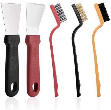 YIXISI 2 Pezzi Raschietto per la pulizia e 3 Pezzi Acciaio Inox Ottone Spazzola in Nylon, Raschietto per Grasso da Cucina, per La Pulizia di Forni, Fornelli, Piani Cottura a Induzione