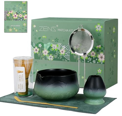 ZENS Matcha Set, Matcha Tee Set mit Matt Keramik Matcha Schale, Matcha-Pulversieb, Matcha Besen, Besenhalter und Bambusschaufel & Teetuch, Geschenk für Matcha-Liebhaber, Schwarze & Grün