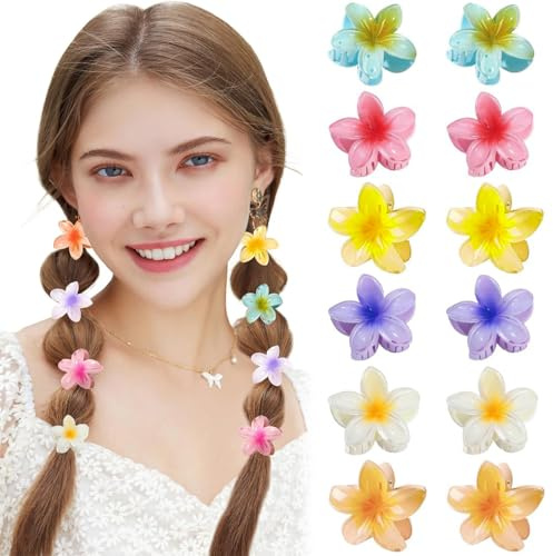 12 Stück Kunststoff Blumen Haarklammer Klein 4cm, Niedliche Hawaii Rutschfeste Blumenhaarklammer, Mini Haarklammern, Flower Hair Clip Blumenhaarklammer für Frauen Dick, Dünn Haar