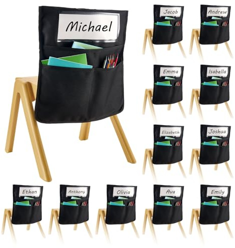 VEVOR Pochette de Chaise, Lot de 12, Poche Rangement Dossier Chaise, 43x48 cm, Pochettes Organiseur de Dossier Chaises avec Étiquette Nominative, pour Salle de Classe, Maternelle, École, Maison, Noir