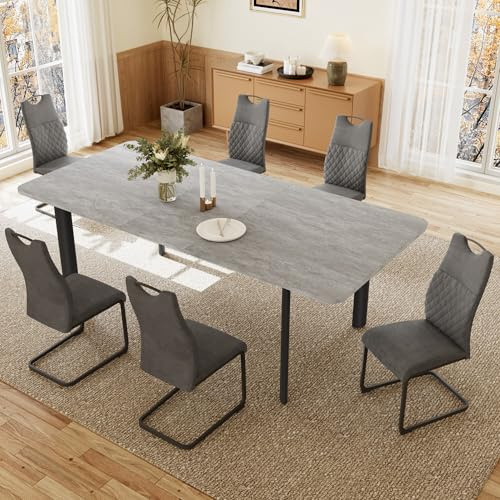 JIEXI Esstisch Mit 4-8 Stühlen Set, Essgruppe Tisch Ausziehbar, Moderner, Stilvoller MDF-Platten Esstisch Für Das Wohnzimmer (160-200cm Graue Tisch + 6 grau Stühle)