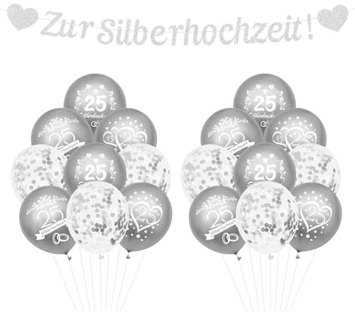 Silberhochzeit Deko Set, zur Silberhochzeit Banner, 25 Jahre Silberhochzeit Luftballons, Glitzer Papier Hänge Hochzeitstag Girlande, Silberne Luftballons, für 25. Jubiläum Silber Hochzeit Partydeko