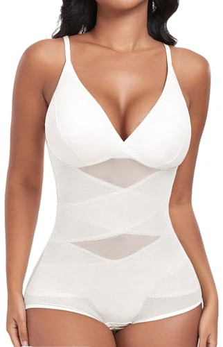 PASUDA Shapewear dam, body, mage, stark formande kroppsformare med inbyggd bh, andas, figurformande sexig formbody, body med midjeformare, formande bodysuit, Vit, XL