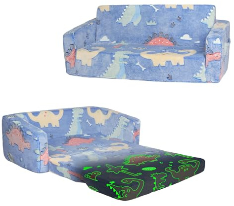 alldomess Convertible Sofa para Niños 2 en 1, Plegable Sofa Infantil Brilla en la Oscuridad para Niñas y Niños, Estable Silla Niño 2 Plazas para Dormitorio Sala de Juegos,Azul Dinosaurio