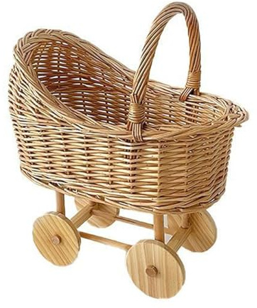Woven Rattan Strollers Shaped Flower Basket, Vintage Handwoven Wicker Decoration, Unique Trolley Styles Flower Basket With Handle, For Weddings Showers Floral Arrangements