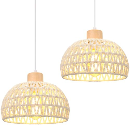 iDEGU 2 Pezzi Lampade a Sospensione Retrò 25CM Lampada da Soffitto in Legna Rattan Moderna Lampadario Stile Scandinavo a Semicerchio Plafoniera per Camera da Letto Soggiorno Sala da Pranzo (Bianco)