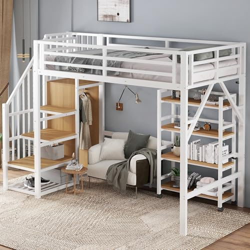 LAKFEW Cama Alta 90x200 cm Cama Infantil con Escalera Almacenamiento y Estante Almacenaje, Camas Juveniles con Protección Anticaída, Camas Altas Estructura Cama Metálica, Blanco+Natural, Sin Colchón