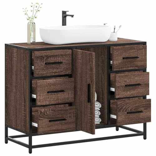 Mobile lavabo da bagno stile retrò con telaio in metallo e ampio spazio di archiviazione, mobile superiore con foro per lavello design industriale elegante e resistente all'umidità