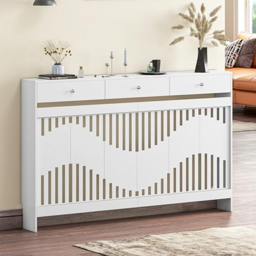 Luxstein Radiator Cover with Drawers, White Wooden Radiator Shelf Pipe Covers Cabinet with Wavy Grill for Living Room Bedroom Hallway, 152Lx19Wx95Hcm