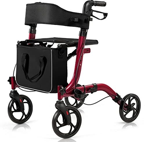 GOPLUS Rollator Aluminium, leichtgewicht Gehhilfe mit Sitz, faltbar & höhenverstellbarem, Gehwagen mit Doppelten Bremsen, Breitem Rückengurt & Aufbewahrungstasche, Reiserollator für Senioren (Rot)
