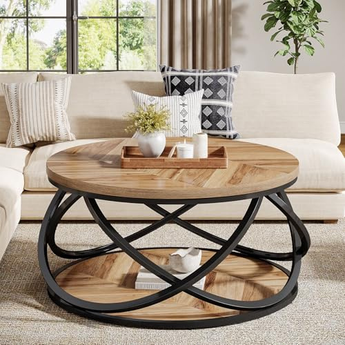 Tribesigns 2-Tier Round Coffee Table, 31.5 Circle Center Table, Wood Grain Accent Table with Storage Shelf and Cross Metal Frame for Living Room, Small Space, Rustic Brown, Wooden Grain