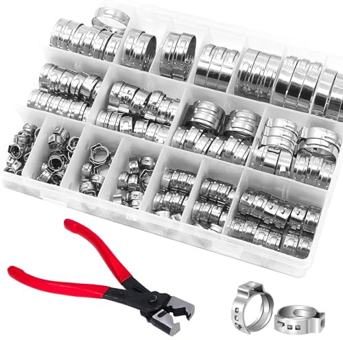 170 Stück Schlauchschellen Edelstahl Set, 14 Größen (5,3-33,1mm), Inklusive Rote Schlauchklemmenzange und Schlauchschellen Edelstahl, für Auto, Haushalt, Industrie & Garten DIY (Silber)