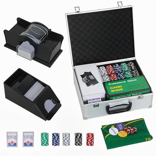 SPORTNOW Set da Poker Completo con 300 Fiches, Mescolatore di Carte, Distributore di Carte, 2 Mazzi di Carte, Tappetino, 5 Dadi, Pulsante Dealer e Valigetta per 8 Giocatori, Argento