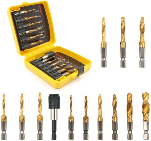 13 Piece Drill and Tap Bit Set, HSS Metric M3-M10 & SAE Threading Tool | Quick Change Adapter, 3 in 1 Hex Shank for Drilling, Tapping & Countersinking in Aluminium, Wood & Plastic