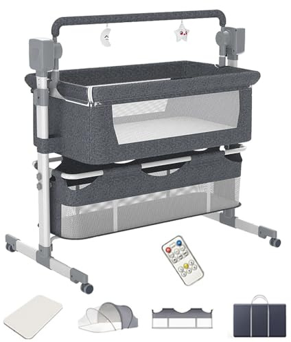 Höhenverstellbares Beistellbett mit elektrischer Schaukelfunktion,Grau | Elektrische Wiegefunktion, praktische Rollen, hochwertige Matratze im Lieferumfang enthalten