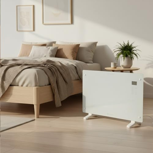 M mimotec – Radiateur convecteur électrique en verre blanc Glass 2000W, silencieux 0 dB, avec écran LED, minuterie et verrouillage enfant, IP24 et anti-surchauffe, installation au sol ou murale.