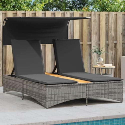 Hommdiy Sonnenliege 2 Personen mit Dach und Auflagen Gartenliege Wetterfest Belastbar Liegestuhl Verstellbar Schwarz PolyRattan 136 x 202 x 140 cm