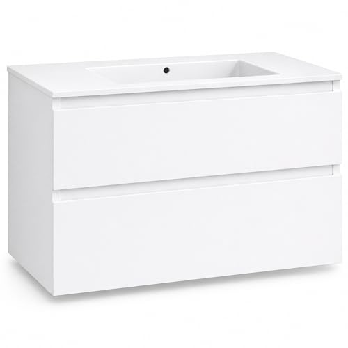 NEBADOON Mueble De Baño con Lavabo Cerámico Integrado Mueble Suspendido De 2 Cajones con Cierre Suave Silent System Montado En Acabado Blanco 60 Cm Ancho 45 Cm Fondo 52 Cm Alto