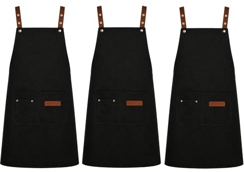 YKUKIZEE 3 Pack Black Apron with Pocket Chef Apron Catering Aprons | Adjustable, 74 x 67 cm, Waterproof for Cooking Restaurant Baking Women Men