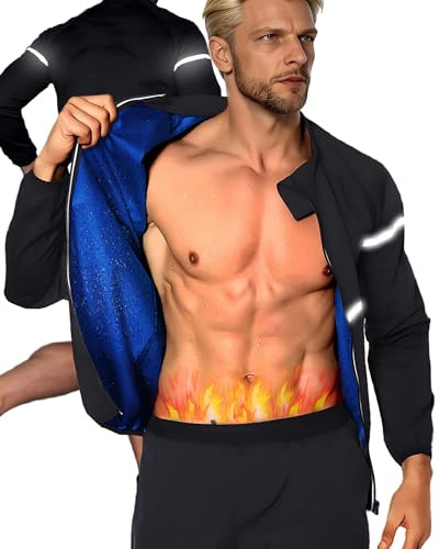 Saknuobo Traje de sudoración para hombre, traje de sudoración, chaqueta deportiva, reflectante, ropa de fitness para hombre, cremallera para el sudor, sauna, moldeador, adelgazante para gimnasio
