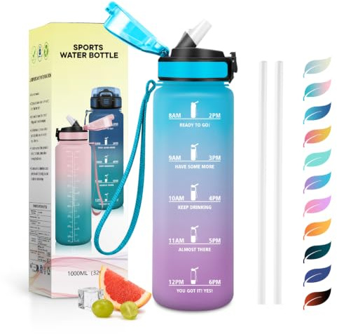 JAPORIA Trinkflasche 1L, Sportflasche mit Strohhalm, Auslaufsicher & Kohlensäure Geeignet, Wasserflasche mit Zeitmarkierung, für Yoga, Schule, Gym, Büro, Outdoor