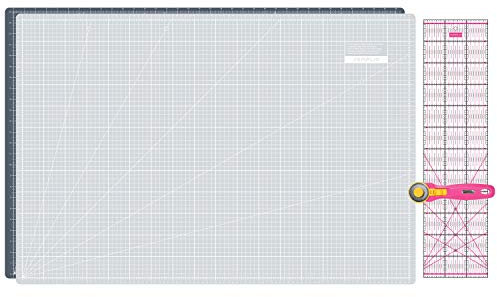 SEMPLIX Schneidematten Set - Schneideunterlage 90 x 60 cm (A1), Rollschneider Maxi 45 mm, Patchwork Lineal 60x15 cm (grau/pink)