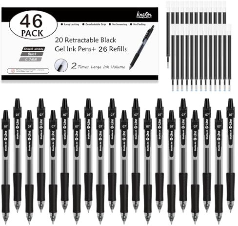 Lineon Gelschreiber, Schwarz, 46 Stück (20 Gelstifte mit 26 Nachfüllungen) mittlere Spitze, einziehbar, glattes Schreiben mit komfortablem Griff, für Büro und Schule