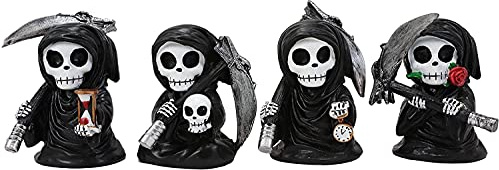 Ebros Time Waits for No Man Mini 4 Tall Chibi Grim Reapers with Scythe Holding Hourglass Skull Clock and Rose Stalk Figurines Set of 4 As Gothic Skeleton Caped Harbinger of Doom Statues