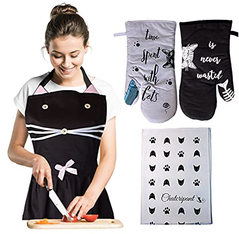 Chatcripant Tablier de Cuisine Femme Chat – Ensemble Cuisine avec Tablier, Manique, Gant Anti-Chaleur et Torchon Chat – Idée Cadeau Originale pour Femme, Maman ou Mamie