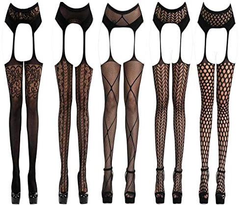 Women's 5 Styles Pack Stockings Lingerie Stretch Black Fashion Suspender Pantyhouse Thigh High Tight Gifts for Girlfriend Wife