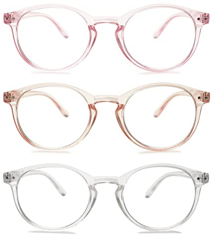 MAGIMODAC Damen Anti-Blaulicht Lesebrille Rund Federscharnier Lesebrillen Leicht Oval Computer-Lesebrille mit Etui Rosa+Hellbraun+Transparent +2.00