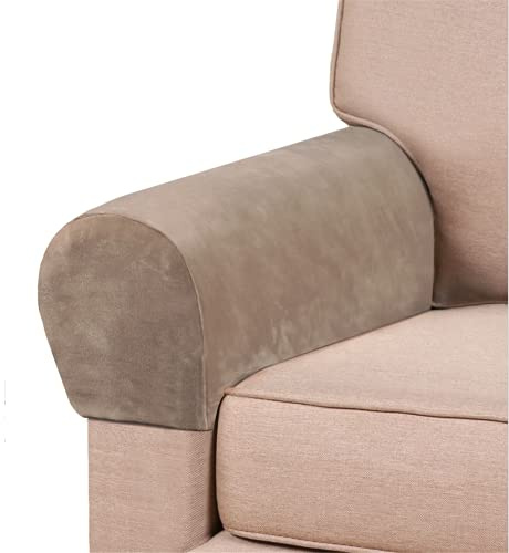 GAMUKAI 2 Pack Velvet Stretch Armrest Covers - Non Slip Sofa Chair Covers, Soft Elastic Arm Protectors for Living Room Couch, Office Chair, Recliner (Taupe)
