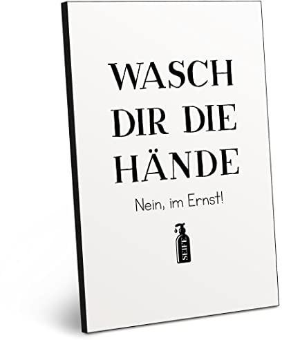 ARTFAVES® Holzbild mit Spruch - Wasch dir die Hände | modernes Holzschild schwarz-Weiss zur Dekoration oder als Geschenk zum Thema Bad/Badezimmer/WC/Toilette/Familie