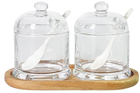 RAN-Azucareros 2pcs de azúcar de Vidrio con Tapa con Tapa, Cuchara y Bandeja de bambú - 10.6oz / 300 ml Cubiertas de azúcar Transparente Spice Tarjetas de condimentos de condimentos