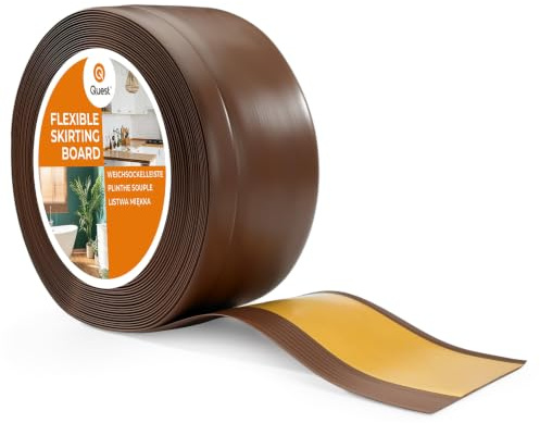 Quest Battiscopa PVC Morbido 100 x 25 mm Flessibile - Marrone, 5 mb | Listello di finitura autoadesivo, sigilla parete e pavimento, resistente ai raggi UV, per bagno e cucina, tagliabile