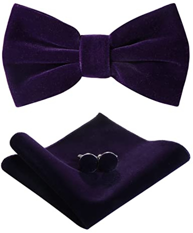 HOULIFE Fliege Herren Set - Verstellbare Fliege aus Samt Vorgebunden Fliegen, einfarbige Einstecktuch, Manschettenknöpfe Set für Bräutigam Hochzeit formal mit Geschenkbox - Violett